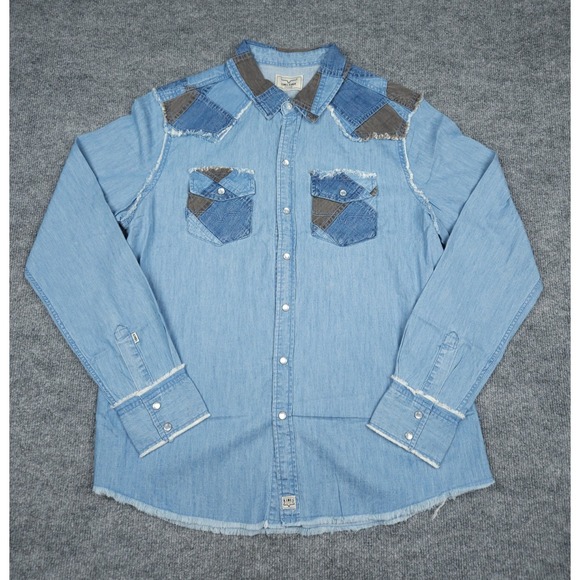 Kimes Ranch Tops - Kimes‎ Ranch Shirt Women's 2XL Blue KC Patched Denim Pearl Snap Western NWT